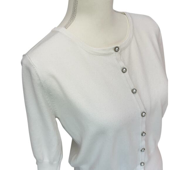 GRACE Sweater Womens M White Short Sleeve Cardigan Faux Pearl Buttons - Picture 6 of 9